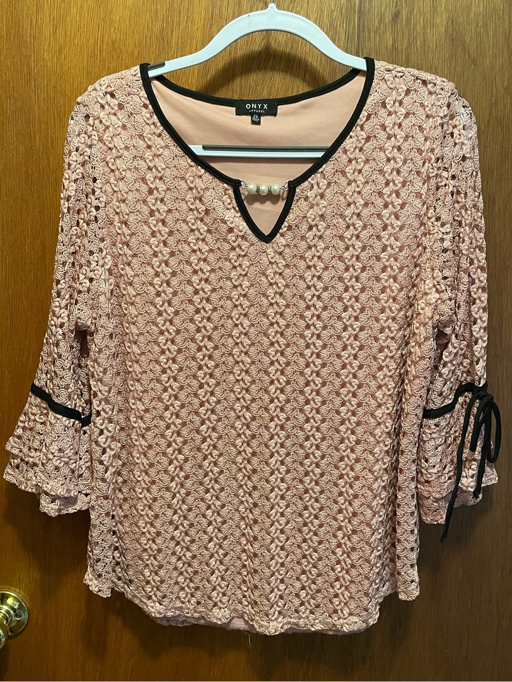 Onyx Blush Pink Lace Top with Pearl Neckline and Black Trim